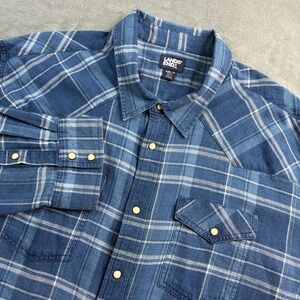 Lands End Mens 4XL Tall Blue Plaid Flannel Western Snap Button Long Sleeve Shirt
